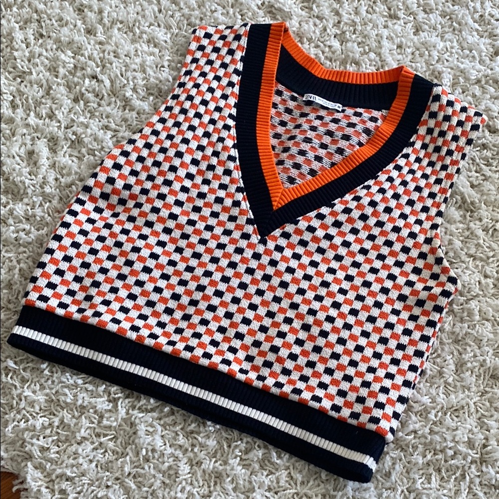 Checkered Knit Vest with Orange and Black Accents